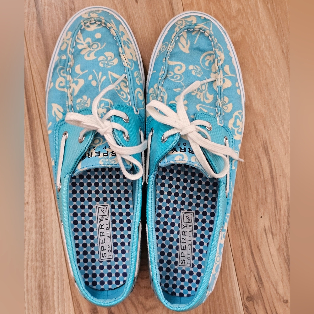 Sperry Top-Slider Floral Canvas Blue & Cream Boat Shoes  Size 8.5 - Picture 3 of 11
